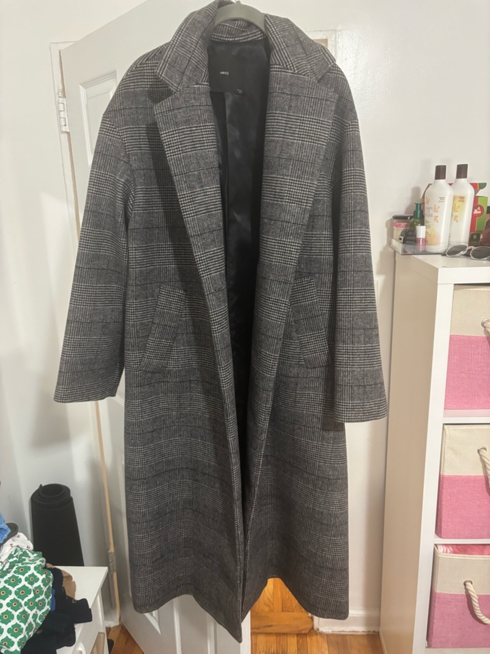 Mango Black Satin-Lined Coat with Gray and black Plaid Exterior